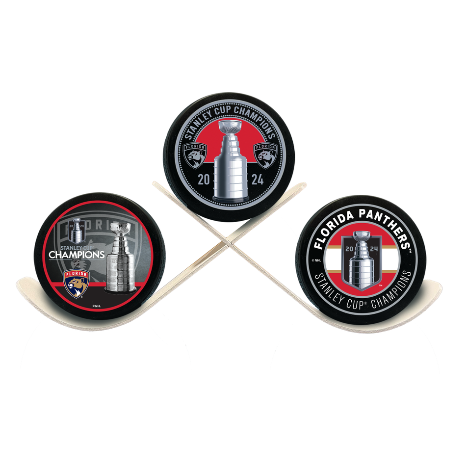 Florida Panthers 2024 Stanley Cup Champions 3 Puck Set with Metal Stand