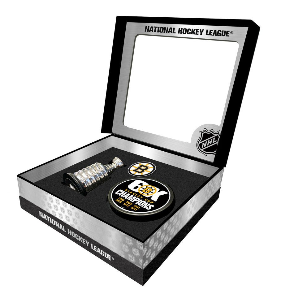 Boston Bruins Stanley Cup Champs Puck + Replica Cup Gift Box Set