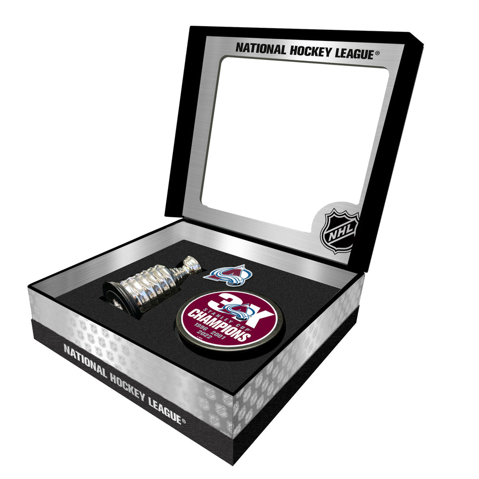 Colorado Avalanche Stanley Cup Champs Puck + Replica Cup Gift Box Set