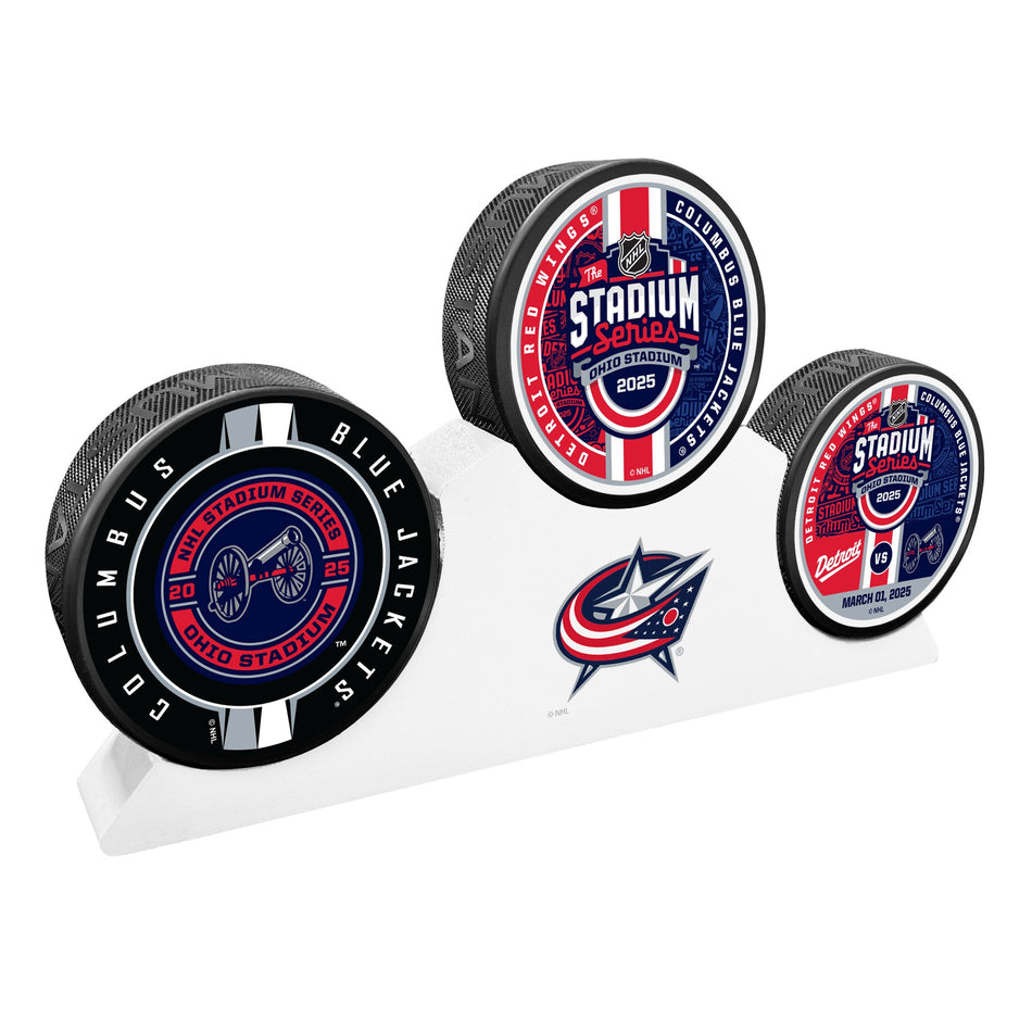 2025 Stadium Series - Columbus Blue Jackets 3 Puck Wooden Podium
