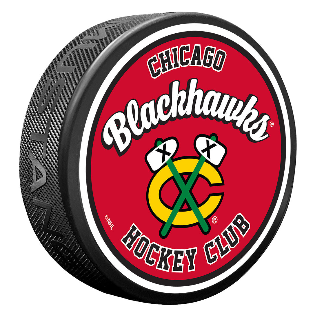 Chicago Blackhawks Puck | Retro Script | Hockey Hall of Fame