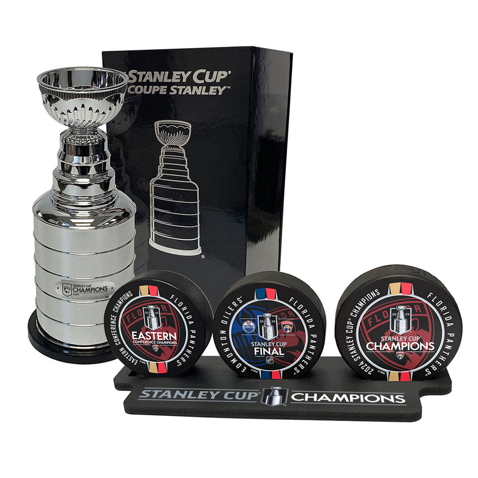 Florida Panthers Stanley Cup Champions Bundle | 3 Puck Set &  8" Stanley Cup Replica