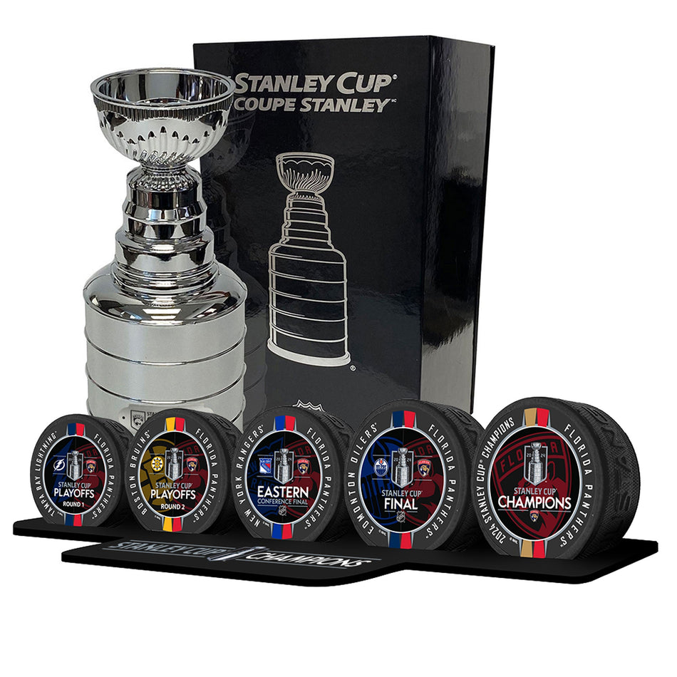 Florida Panthers Stanley Cup Champions Bundle | 5 Puck Set &  8" Stanley Cup Replica