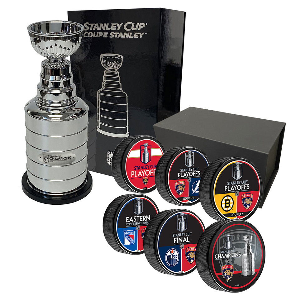 Florida Panthers Stanley Cup Champions Bundle | 6 Puck Box Set & 8" Stanley Cup Replica