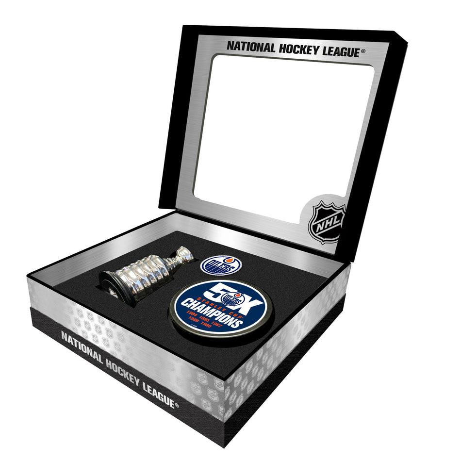 Edmonton Oilers Stanley Cup Champs Puck + Replica Cup Gift Box Set
