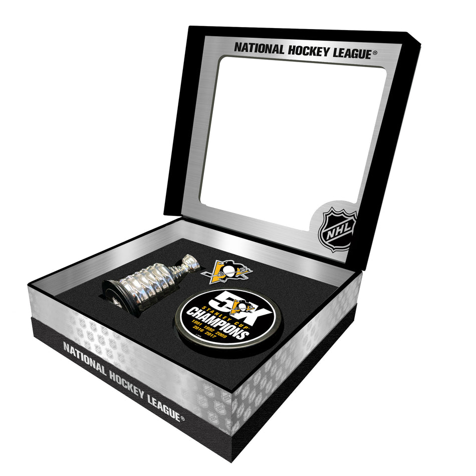 Pittsburgh Penguins Stanley Cup Champs Puck + Replica Cup Gift Box Set