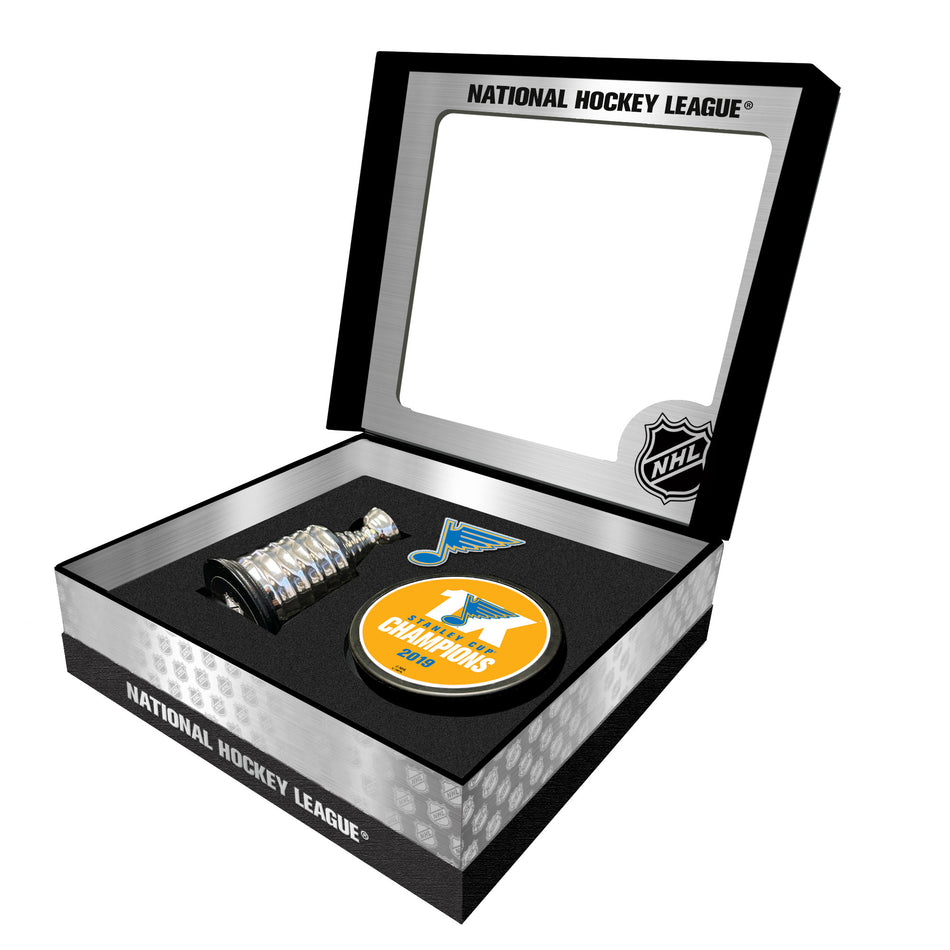 St. Louis Blues Stanley Cup Champs Puck + Replica Cup Gift Box Set