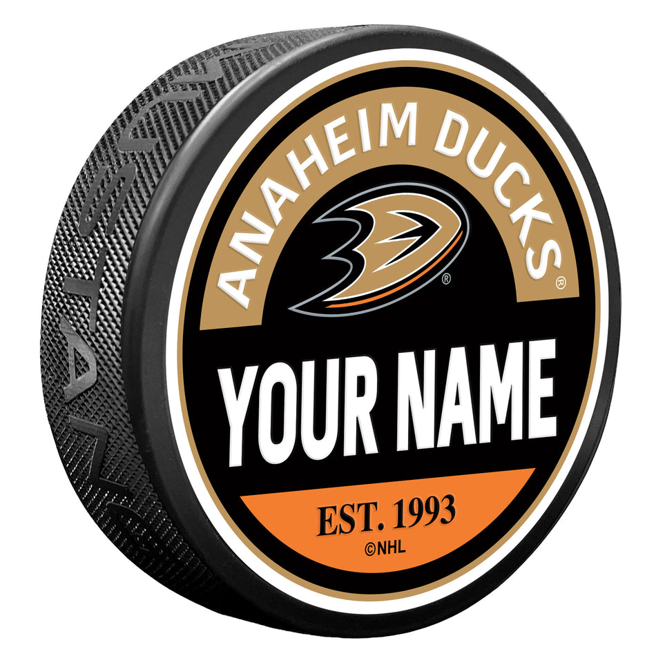 Anaheim Ducks Block Textured Personalized Puck