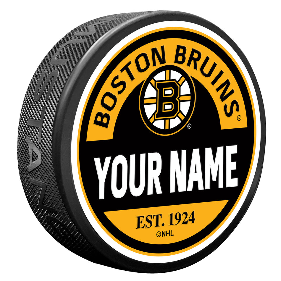 Boston Bruins Block Textured Personalized Puck