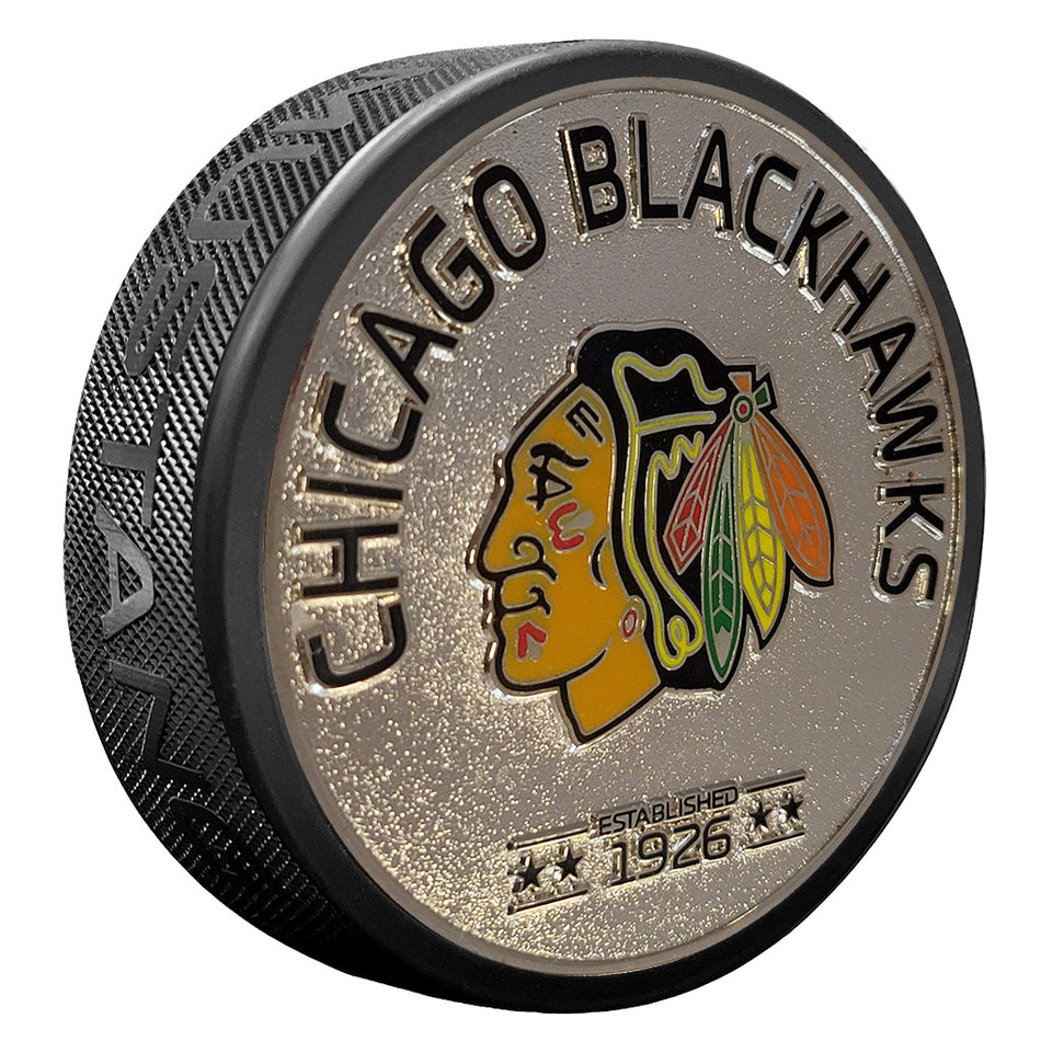 Chicago Blackhawks Puck - Silver Established Medallion