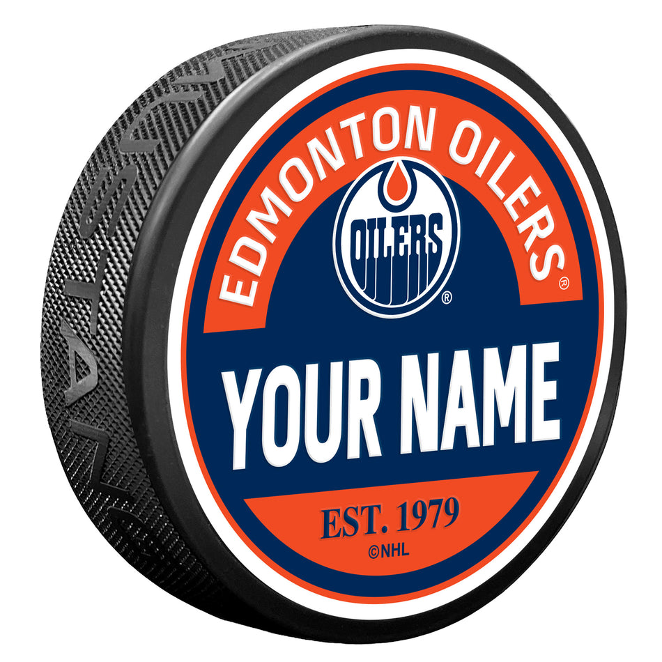 Edmonton Oilers Block Textured Personalized Puck