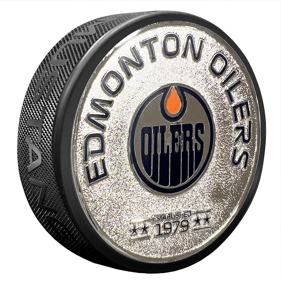 Edmonton Oilers Puck - Established Silver Medallion