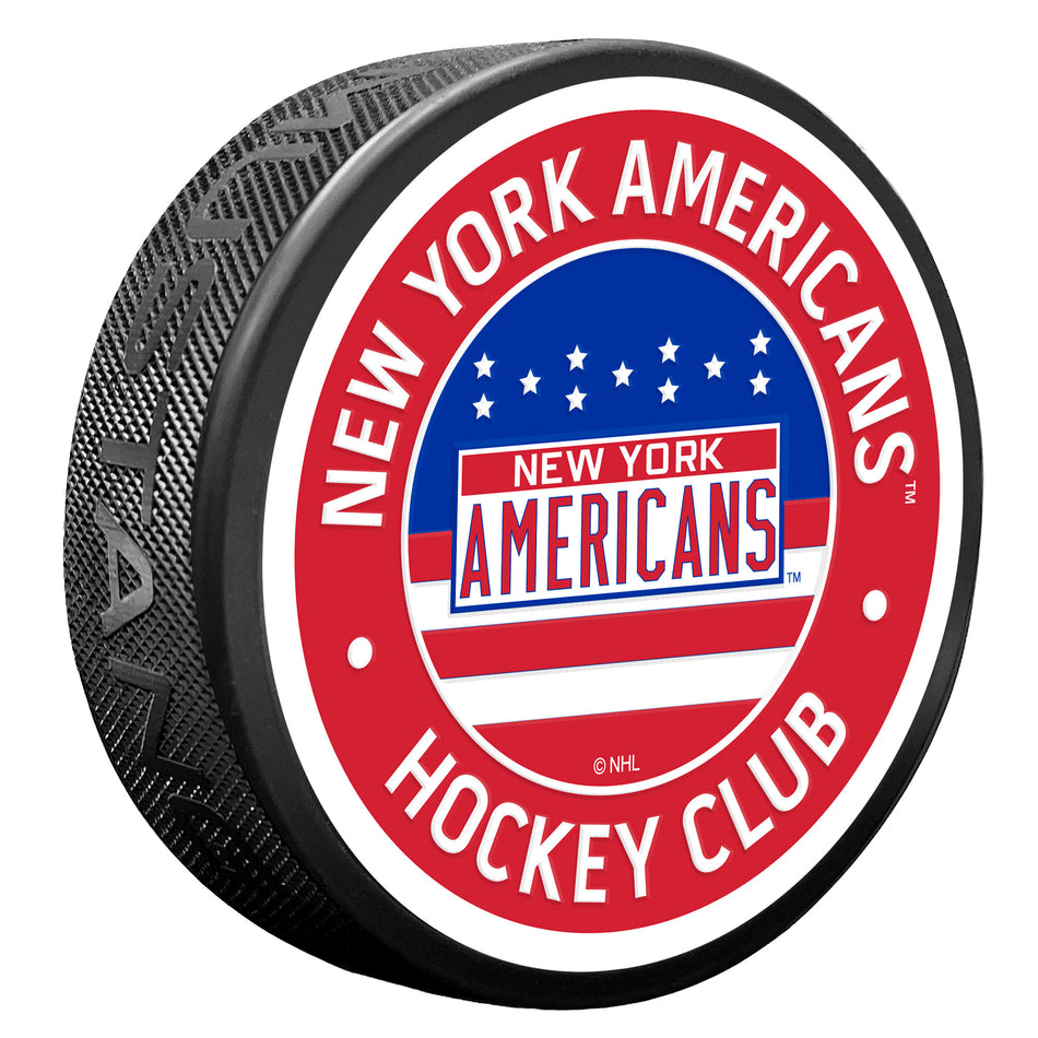 New York Americans Red Vintage Striped Textured Puck