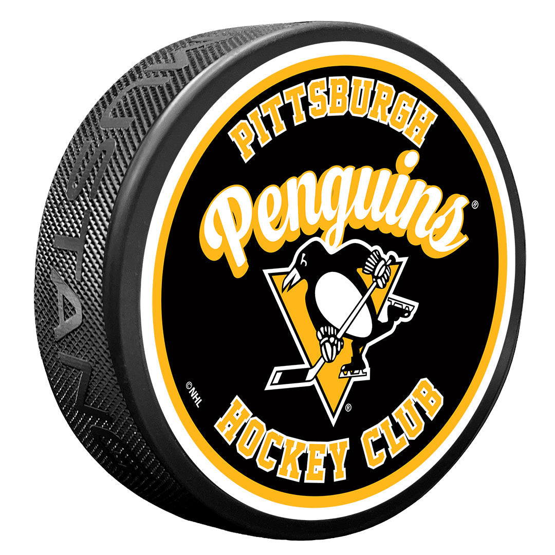 Pitsburgh Script Throwback Pittsburgh Penguins Puck | Retro Script | Sports Decor – Hockey Hall of ...