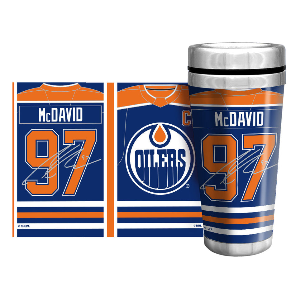 Edmonton Oilers Connor McDavid Travel Mug - 16 oz Full Wrap Replica Signature - Hockey Hall of Fame