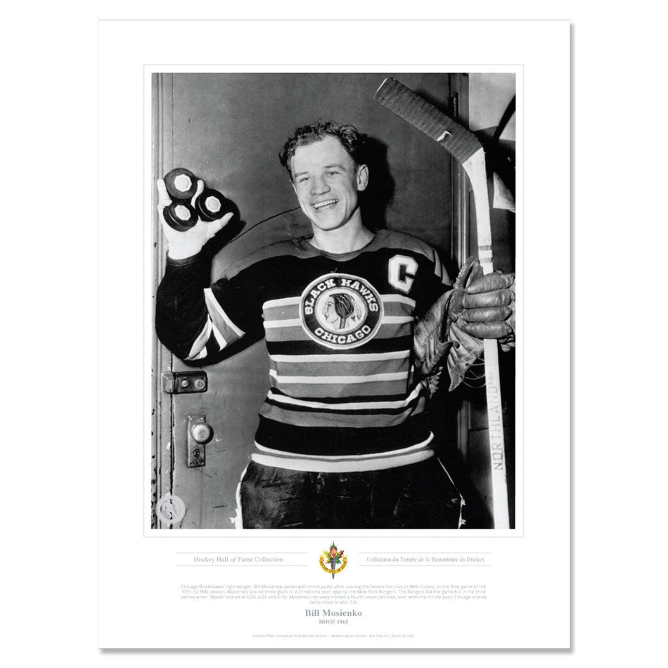 Legends of Hockey Chicago Blackhawks Memorabilia - 1965 Bill Mosienko Black & White Classic - 12" x 16" Print