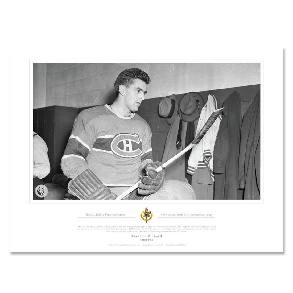 Legends of Hockey Montreal Canadiens Memorabilia - 1961 Maurice Richard Stick Inspection x Black & White Classic - 12" x 16" Print