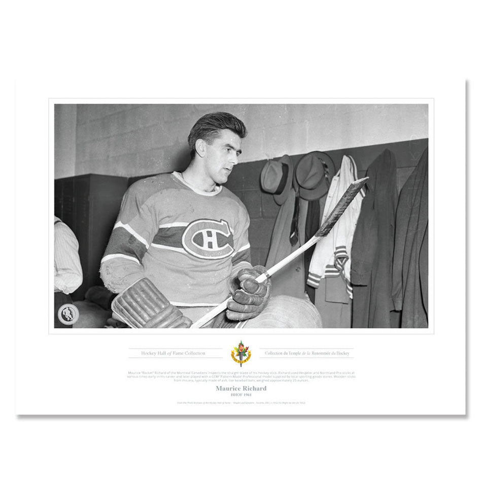 Montreal Canadiens Memorabilia - 1961 Maurice "Rocket" Richard Stick Inspection x Black & White Classic - 12" x 16" Print