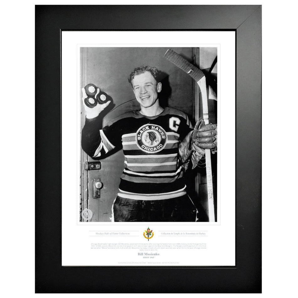 Legends of Hockey - Chicago Blackhawks Memorabilia - 1965 Bill Mosienko Black & White Classic - 12" x 16" Frame