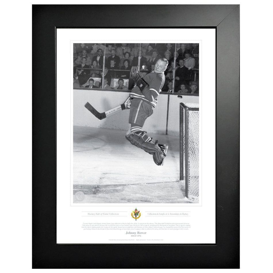 Legends of Hockey - Toronto Maple Leafs Memorabilia - 1976 Johnny Bower Black & White Classic - 12" x 16" Frame
