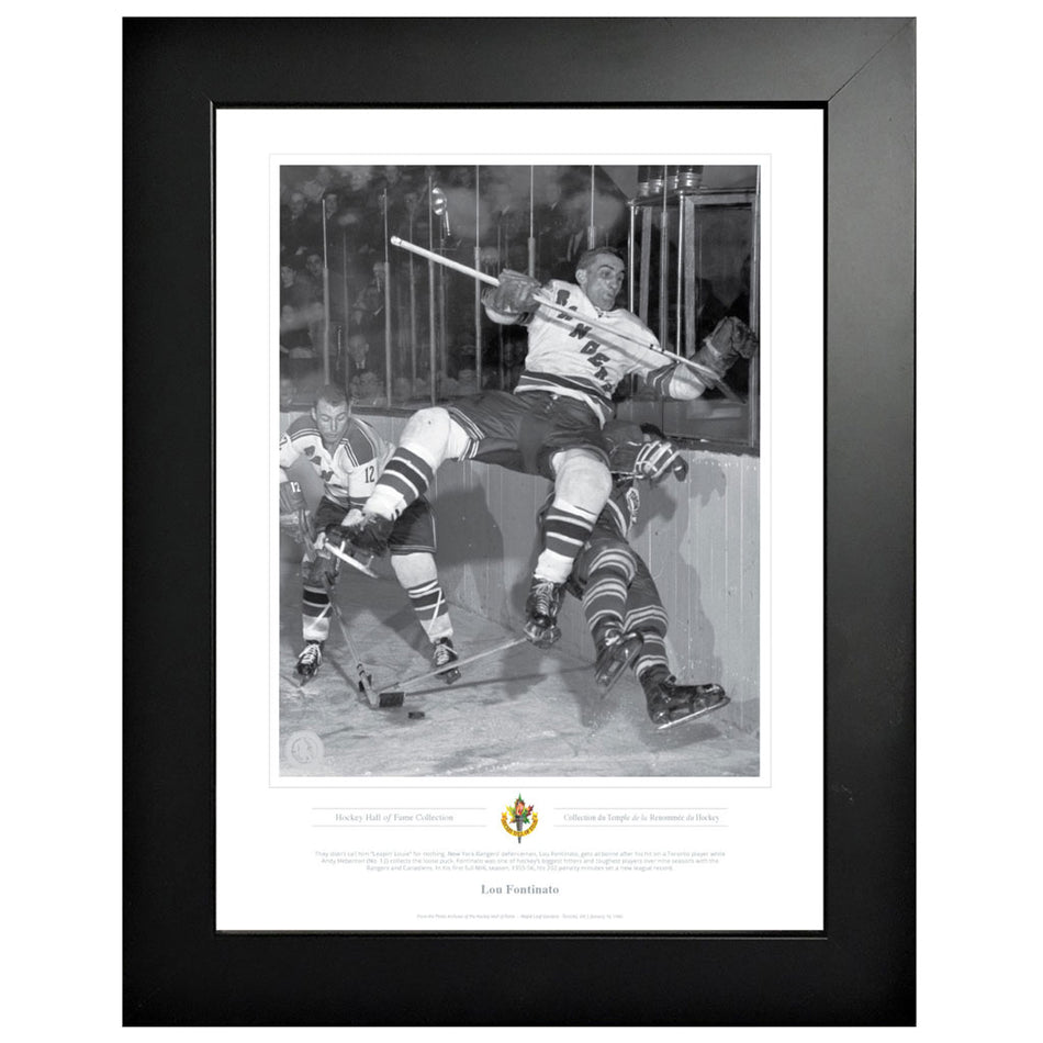 Legends of Hockey - New York Rangers Memorabilia - Lou Fantinato Air Born Black & White Classic - 12" x 16" Frame