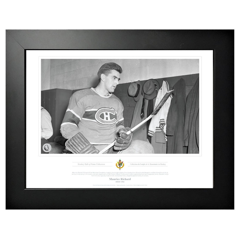 Montreal Canadiens Memorabilia - 1961 Maurice Richard Stick Inspection x Black & White Classic - 12" x 16" Frame