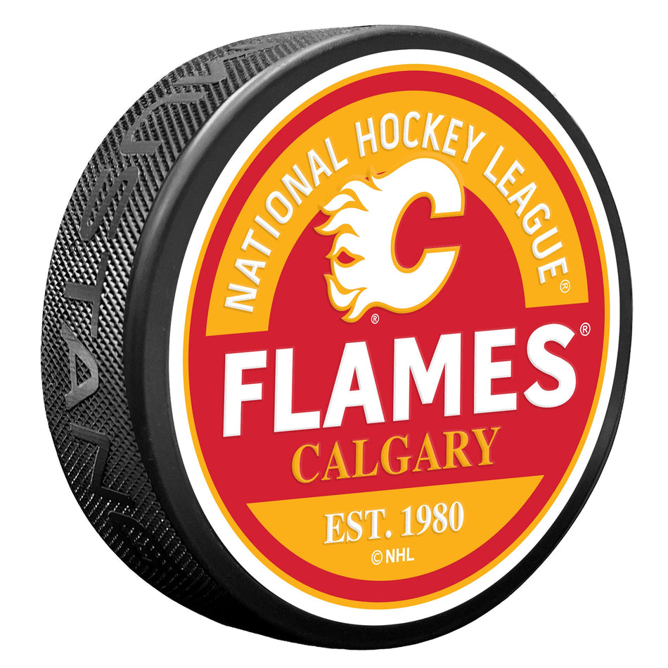 Calgary Flames Block Textured Puck