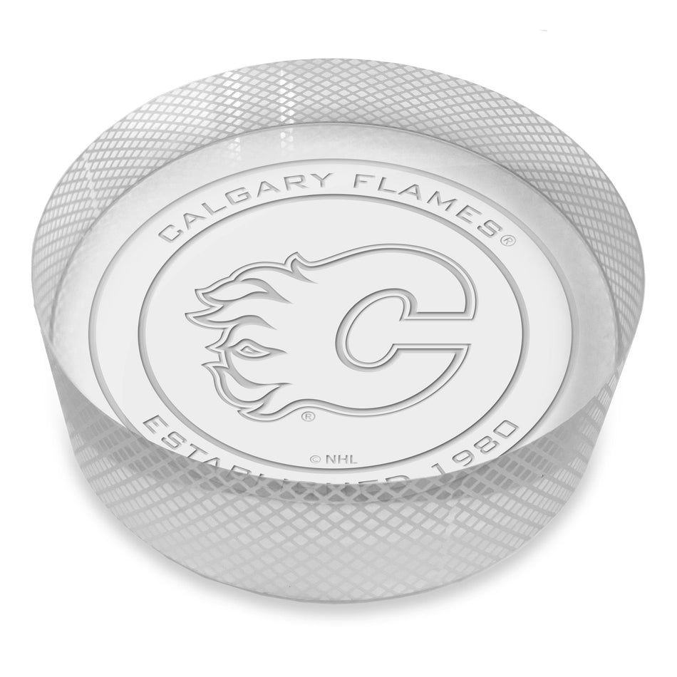 Calgary Flames Official Logo Laser Etched Crystal Puck