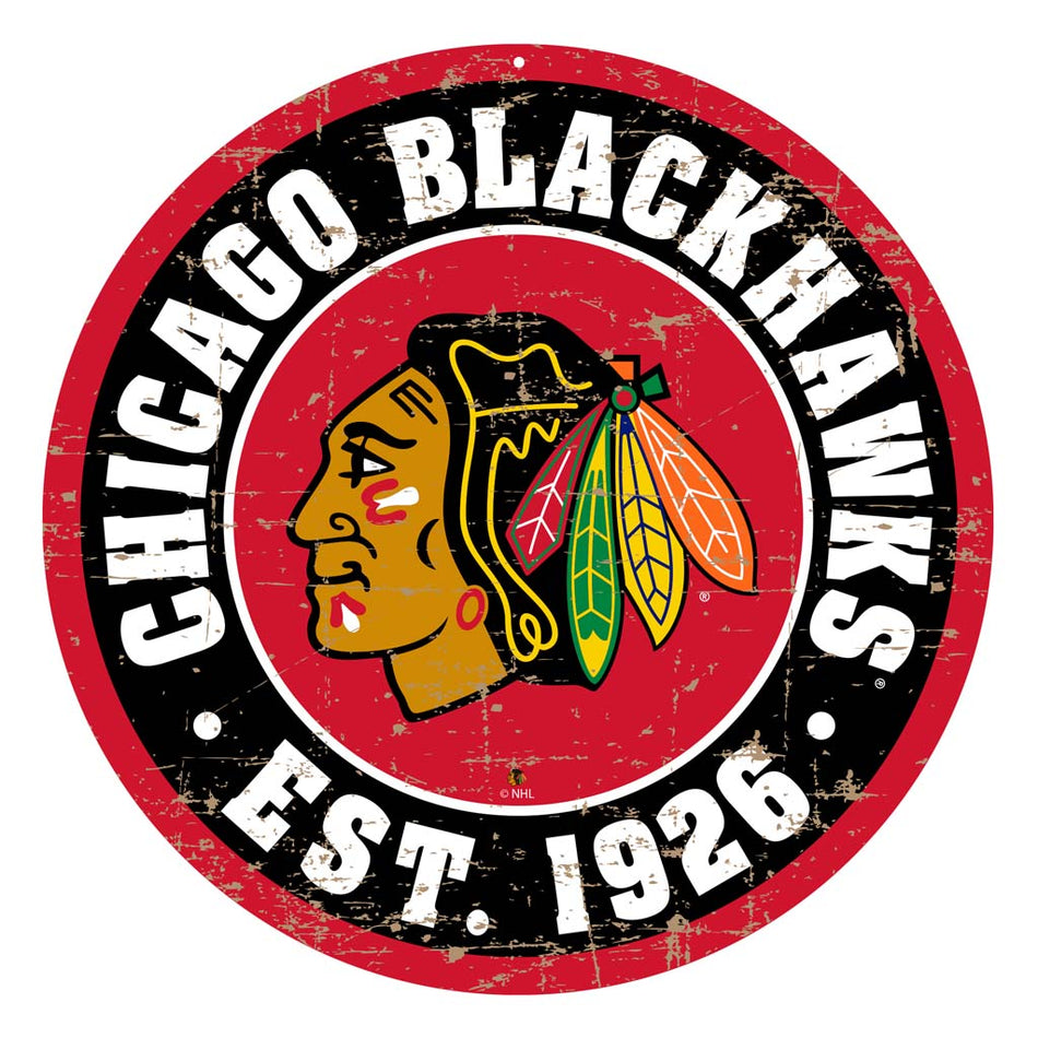 Chicago Blackhawks Sign - 22" Round Distressed Logo
